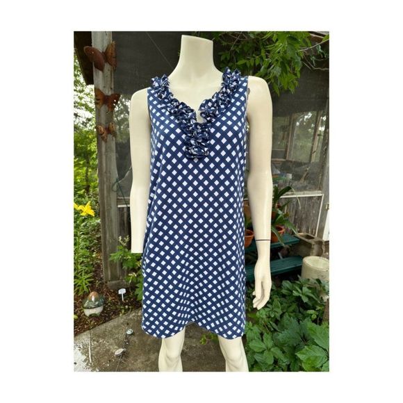 Kate Spade Polkadot Shift Dress Mini Blue White Sleeveless Ruffle Collar - Picture 3 of 12